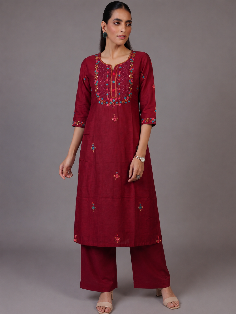Crimson Bloom Kurti Set