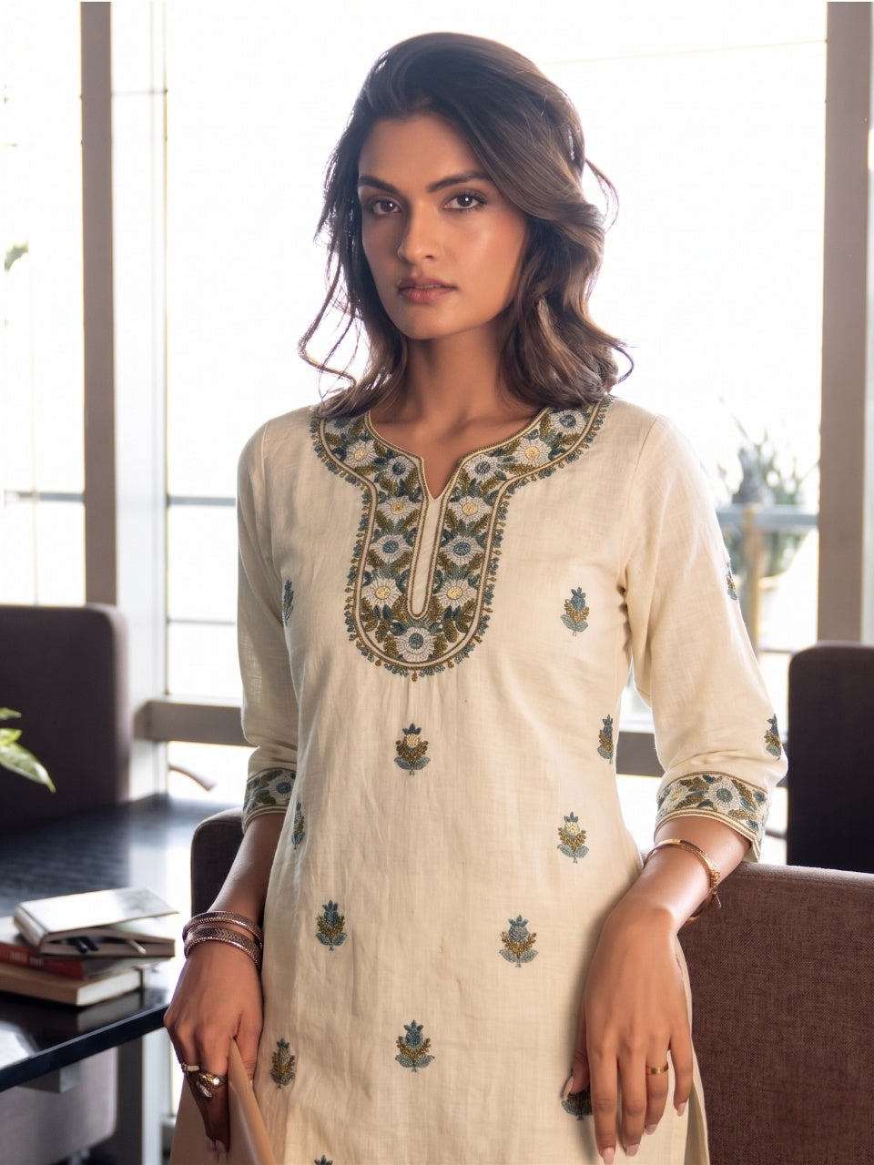 Cream Bloom Kurti Set