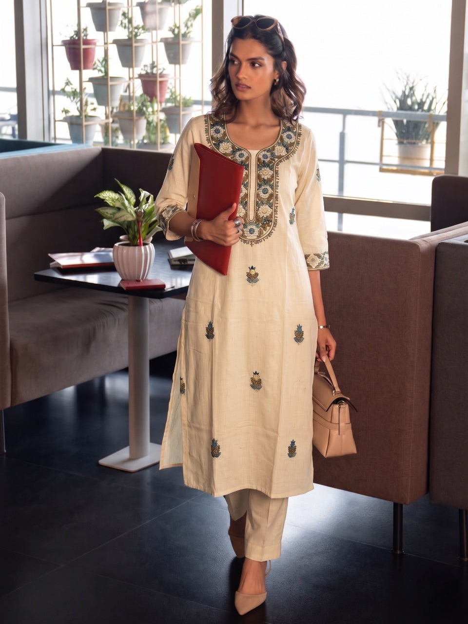 Cream Bloom Kurti Set