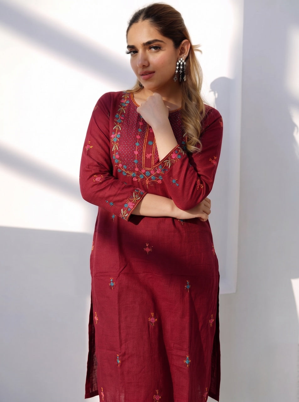 Crimson Bloom Kurti Set