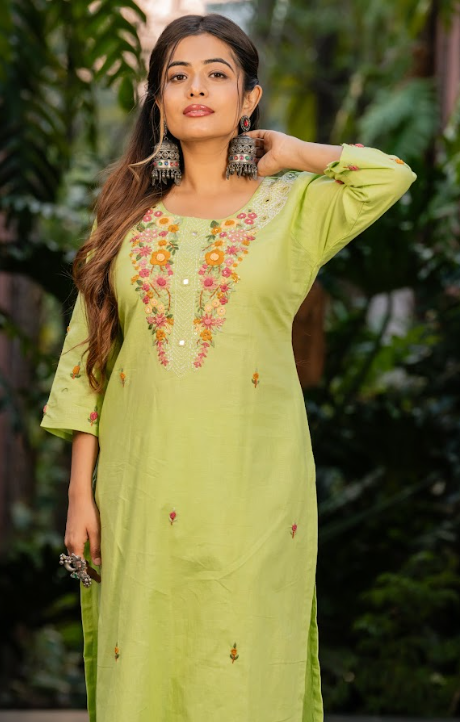 Lime Green Embroidered Kurta Set