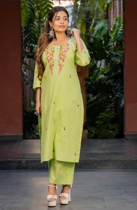 Lime Green Embroidered Kurta Set
