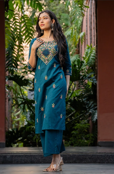 Teal Floral Embroidered Kurta Set