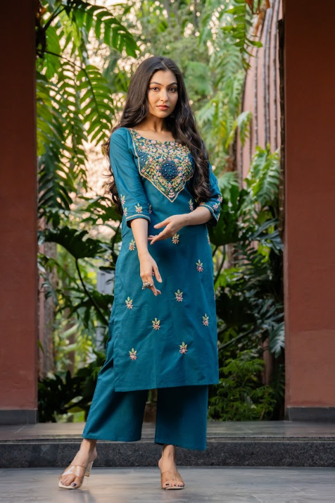 Teal Floral Embroidered Kurta Set